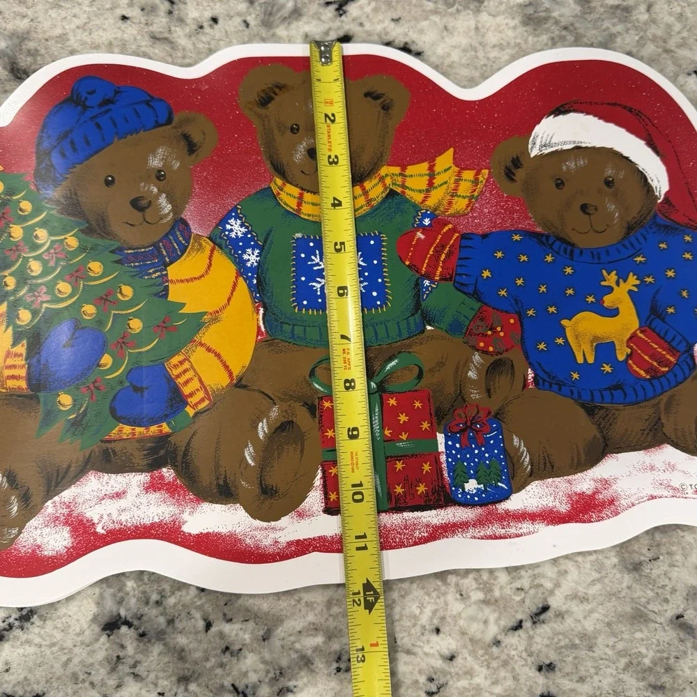 Vintage Christmas Bears Vinyl Foam Placemats Retro 80s 90s Set Of 4 Holiday